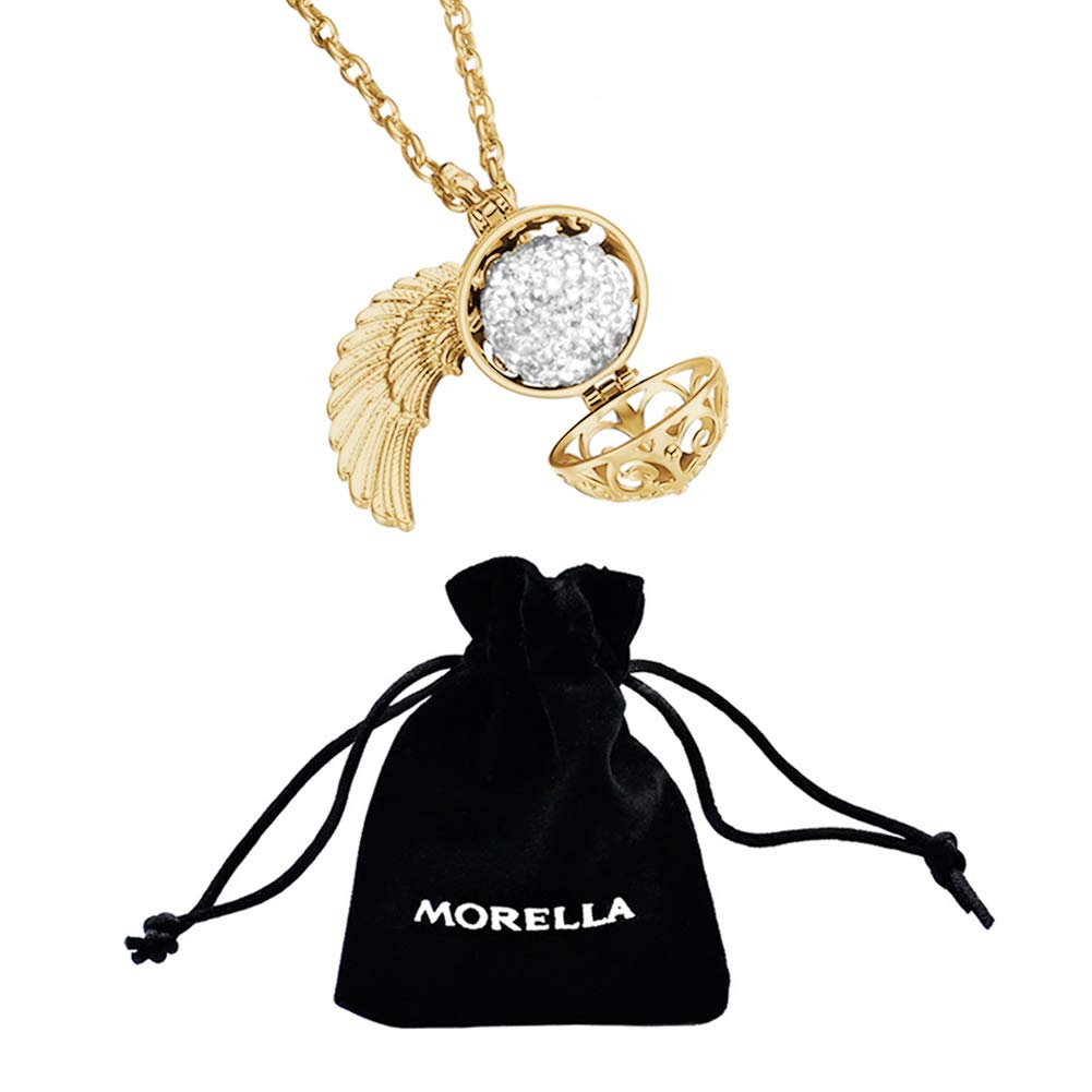 Morella Femme Collier Ange Gardien en Acier Inoxydable Or 70 cm avec Ailes d'ange et Boule sonore en zircons 16 mm dans Une Pochette en Velours
