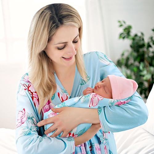 Image of Mepase 5 Pcs Mommy and Me Hospital Matching Outfits Maternity Robe Swaddle Blanket Baby Girl Boys Headband Hat for Mom Baby