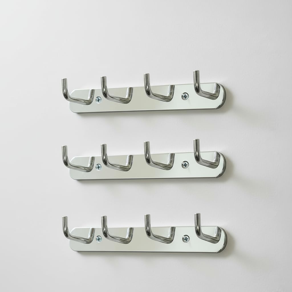 SOSSI - 4 Pin Stainless Steel Bathroom Towel Hooks Rail, Robe Hook, Wall Mounted Hook Rail for Cloth Hanger, Key Holder - Towel Hanger (Chrome Finish) (Pack of 3)