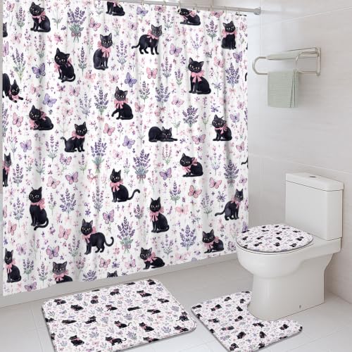 Ensemble de rideaux de douche chat fleurs papillon rideau étanche 183 cm - 2