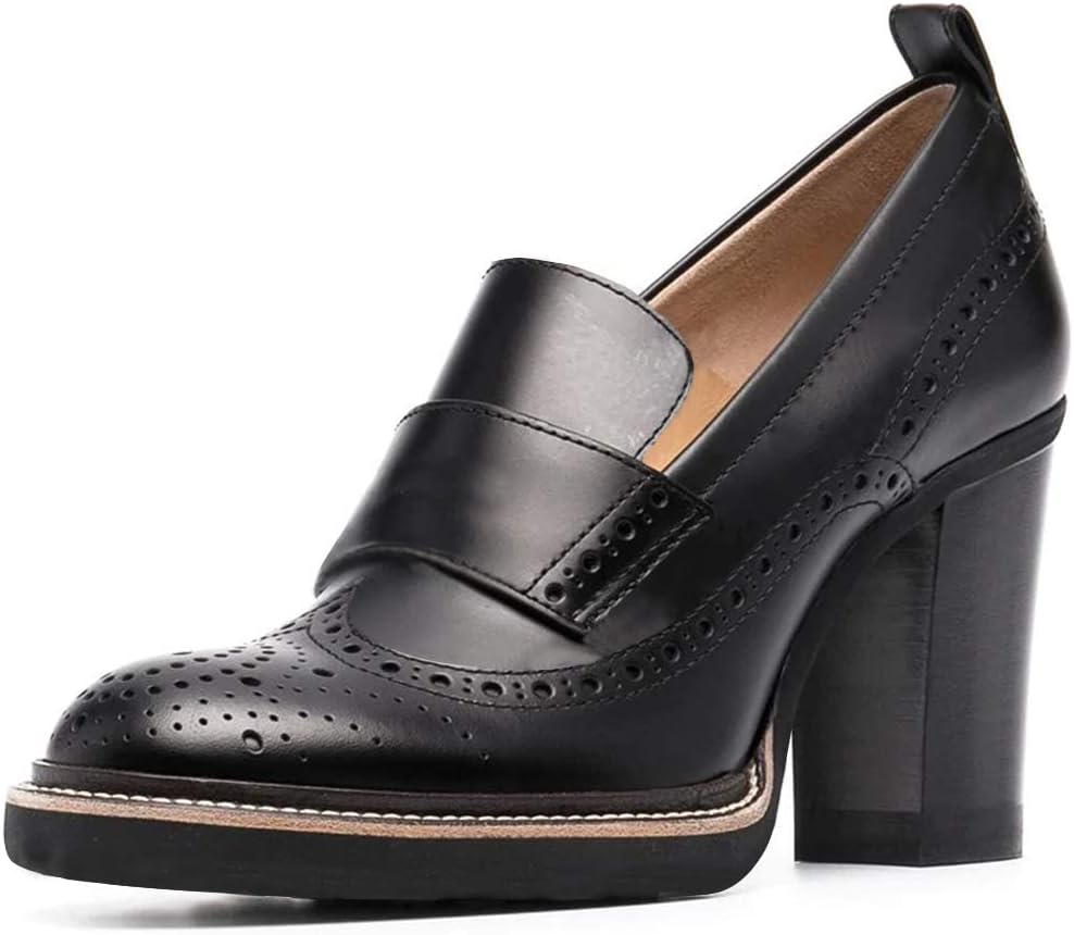 YDN Women Chunky High Heels Round Toe Oxford Loafer Size Color Material Customize Available Shoe Size 4-15 US 9 Black