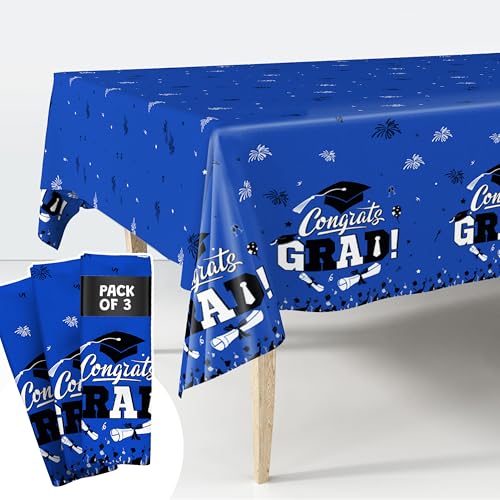 Image of Graduation Tablecloth, Graduation Decorations 2026, Pack of 3, 54 x 108 Inches, Plastic Graduation Table Decorations 2026, Disposable Rectangle Blue Black Table Cover, Congrats Grad Table Cloths