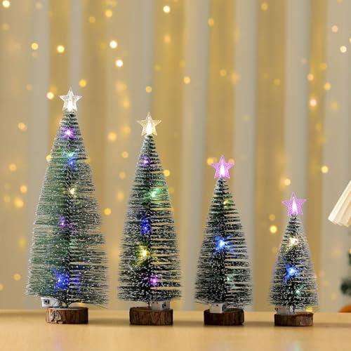4 Piezas Mini Árbol de Navidad de Mesa con Luces. Mini árbol de Navidad con Luces. Pequeño árbol de Navidad Artificial con Adornos. Alimentado por Pilas
