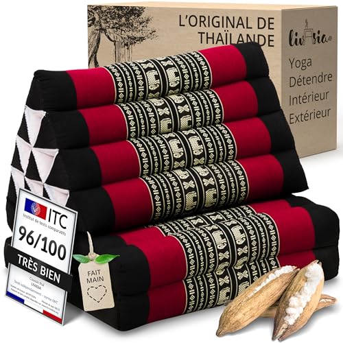 Livasia Coussin thaï à 2 Blocs - 120x50x8cm - Coussin triangulairs avec Coussin d’Assise, Coussin en biseau kapok, Coussin de Soutien Dorsal Pliables,...