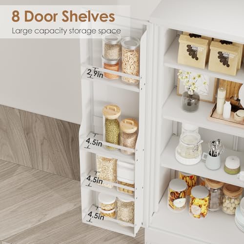 Image of PAOFIN 47 inch Kitchen Pantry Cabinet, Metal Storage Cabinet with 3 Adjustable Layer Shelves, 8 Door Shelves, Buffet Sideboard for Living Room, Kitchen, White
