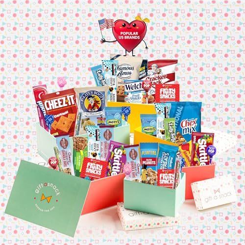 Image of Gift A Snack - Tower Snack Box Variety Pack Care Package + Greeting Card (40 Count) Birthday Sweet Treats Gift Basket, Candies Chips Crackers Office Food Assortments