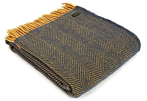 Tweedmill Textiles 100% Pure New Wool Herringbone Throw, Navy/Mustard, 150x180cm