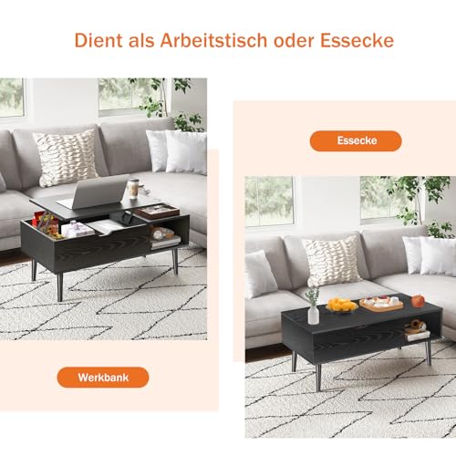 Sweetcrispy Couchtisch Höhenverstellbar, Tisch Wohnzimmertisch, offener und versteckter Stauraum Couchtisch, Sofatisch Beistelltisch, 100 x 50 cm Sofatisch aus Holz für Wohnzimmer, Schwarz