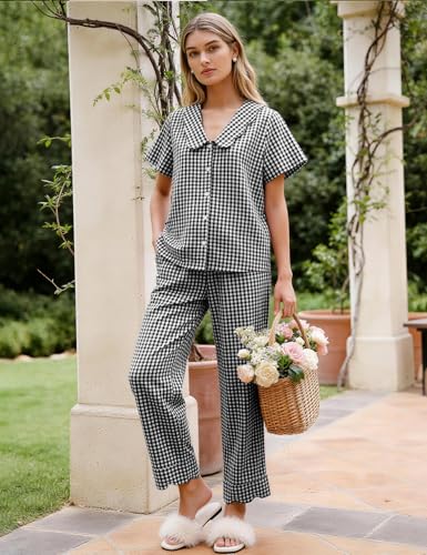 Image of Flygo Womens Gingham Pajamas Set Cotton 2 Piece Pj Set Scalloped Collar Babydoll Shirt Pants Plaid Y2K Lounge Sets