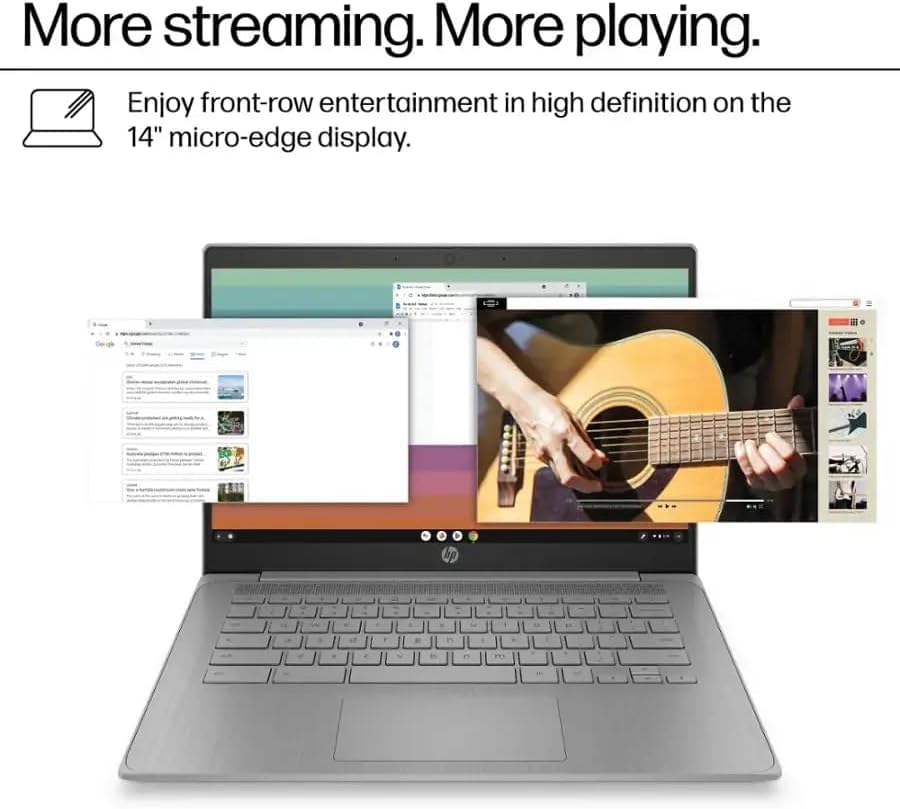 Image of HP Chromebook 14 Laptop, Intel Celeron, 4GB RAM 64GB eMMC (Optional Upgrade to 8GB 128GB), 14 inch HD Display, Webcam, Chrome OS, Long Battery Life, WiFi, Wireless Earbuds, Great for School, Work & Gifts