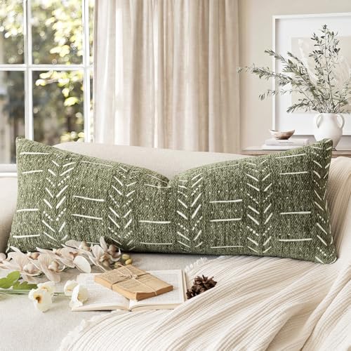 Image of Foindtower Set of 1 Decorative Chenille Jacquard Throw Pillow Cover Textured Farmhouse Body Cushion Covers Neutral Boho Accent Home Decor for Sofa Chair Couch Bed Living Room,14x36 Inch,Olive Green
