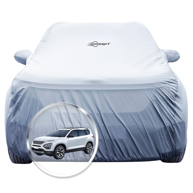 Image of NEODRIFT 'SilverTech' Car Cover for Tata Safari (100% Water-Resistant, All Weather Protection, Tailored Fit, Precision-Fit & Breathable Fabric) (Colour: Silver) (Model: 2021-2026)