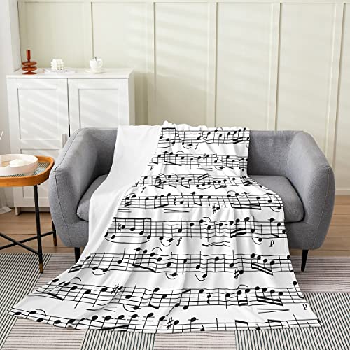 Music Throw Blanket for Lovers - Black White Notes Fleece All Season Soft Queen, Geometric Lines Art Fuzzy Lightweight, Teens Musician Flannel Living Room Decor