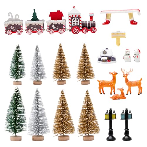 Neikafan Personaggi Natalizi in Miniatura 19 Pezzi - Figure in Resina, Treno in Legno, Decorazione Renne - Decorazioni per Casa e Giardino