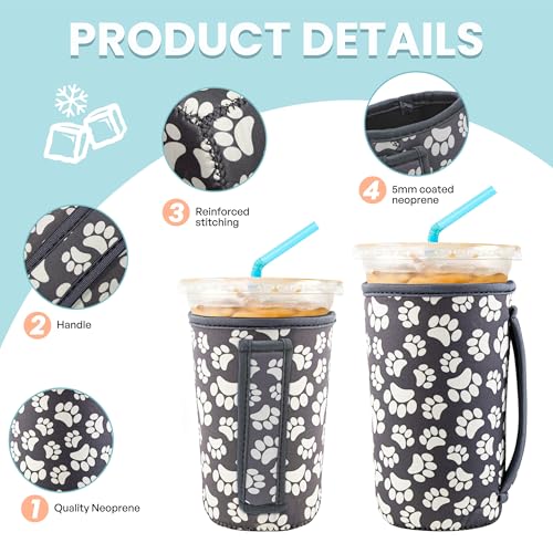 Image of KJQJLY 3 Pack Reusable Iced Coffee Sleeves for Iced Coffee Cups or Drinks Reusable Neoprene Insulated Sleeves for Hot and Cold Drinks from Starbucks, Dunkin, And More (Paw Prints)