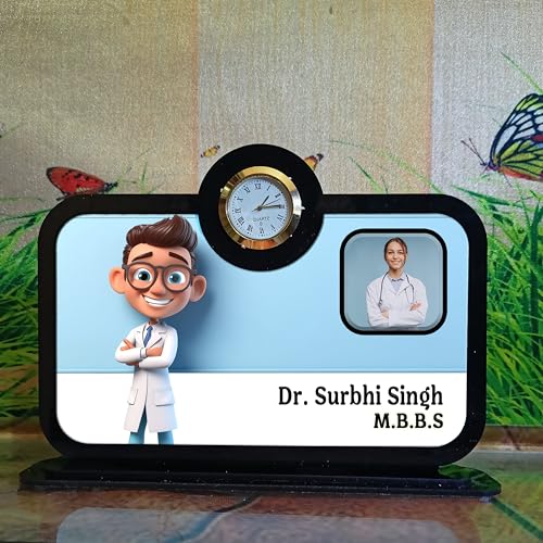 Image of Acrylic UV Print Table Sign Stand, Printed Acrylic Sign or Name Plate for Doctor, Teacher, Advocate, Medical, Proprotor office or personal use with Photo Print(without LED)