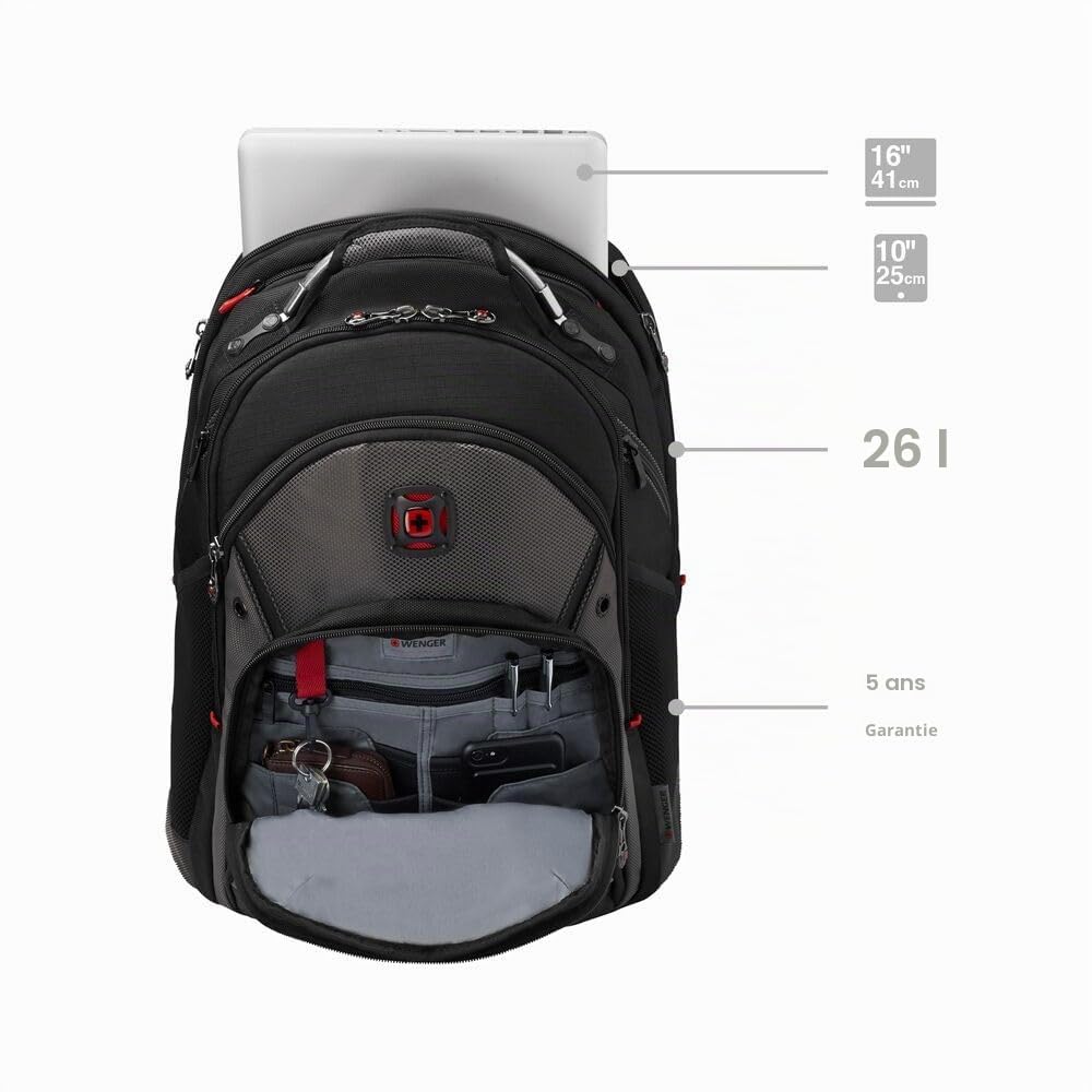 WENGER Synergy Sac à Dos pour Ordinateur Portable 16 Pouces avec Poche pour Tablette Tactile 10 Pouces, 26 l, Femmes Hommes, Bureau Voyages d’Affaires Uni, Noir/Gris, 600635
