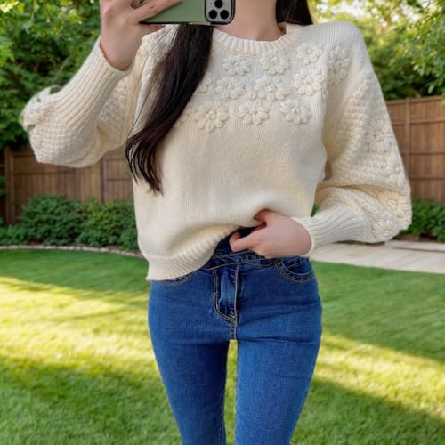 Image of Women's Loose Fitting Heavy Embroidery Three-Dimensional Flower Long Sleeved Knitted Pullover Sweater top