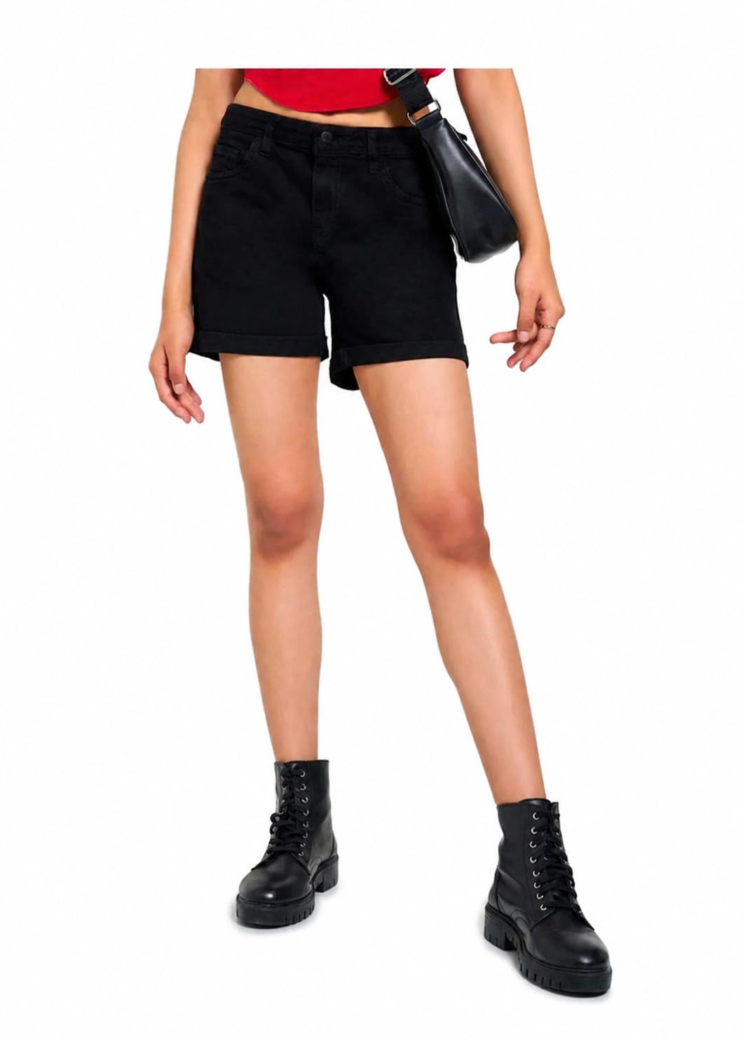 Women's Black Denim Shorts, High-Waist Cuffed Jean Shorts-image-13