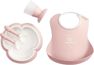 BabyBjörn Baby Dinner Set, 5 pcs, Powder pink Includes Baby Plate, Baby Fork, Baby Spoon, and Baby Cup Dishwasher Safe Toddler feeding set for self-feeding or baby-led weaning