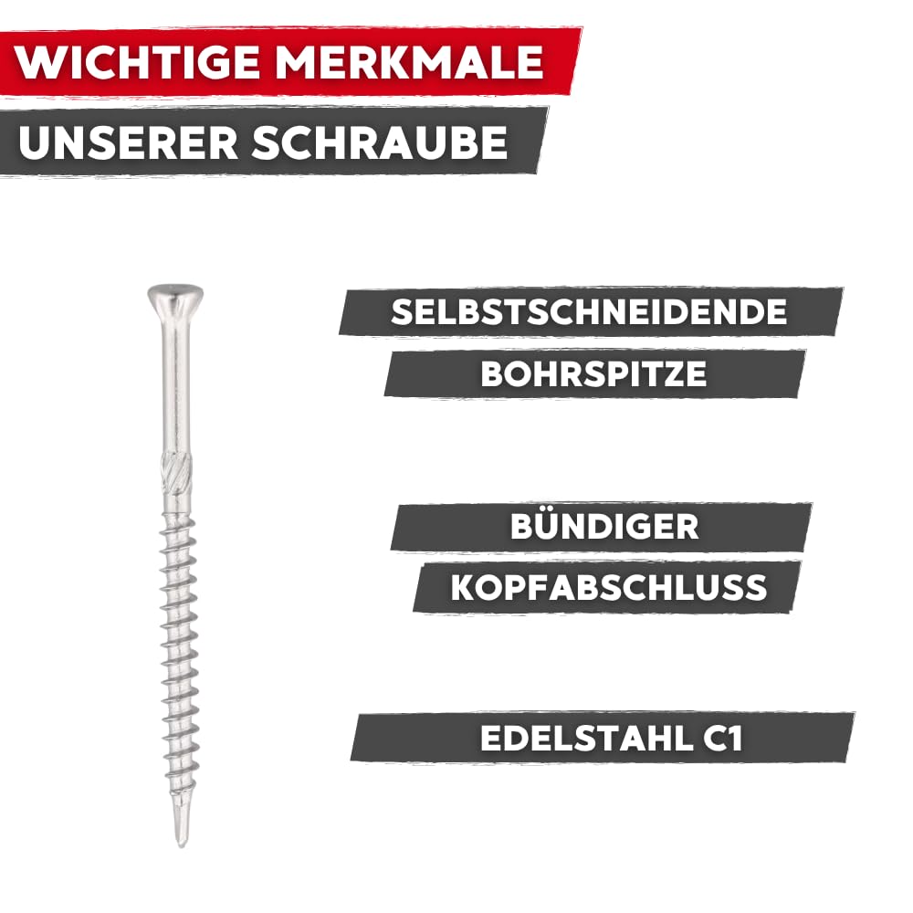 Dielenschrauben Edelstahl 3,2 x 50 mm, 500 Stück, TX10, kleiner Kopf, Teilgewinde, Bohrspitze, Reibteil