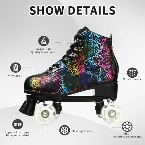 Women's Roller Skates Light Up Wheels, Leather Adjustable Double Row Rolling Skating Illuminating Derby Skate Illuminating for Teens and Youth (Lightning Black Flash Wheel,39)