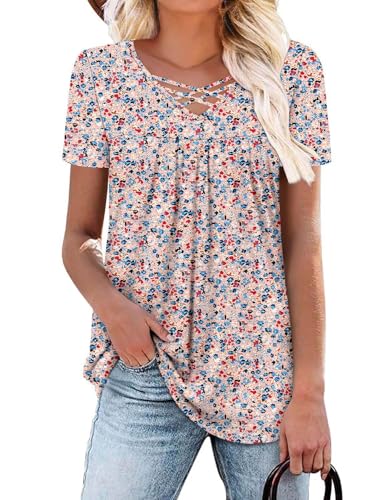 ONLYSHE Womens Summer Short Sleeve Shirts V Neck Tops Casual Tunic Floral Ruffle Blouse2