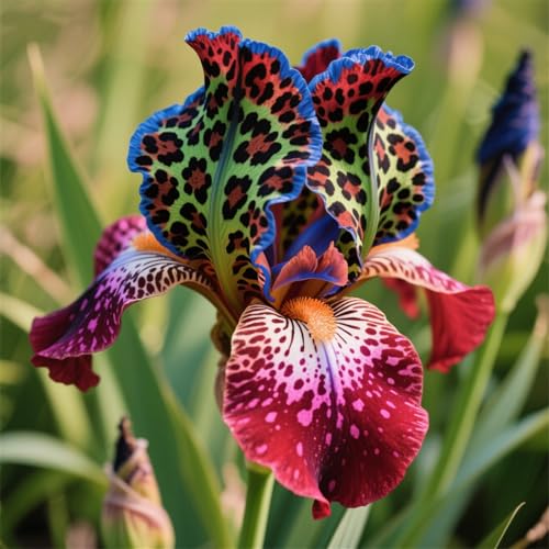 Plantación, iris, perenne, hermosa en el jardín.