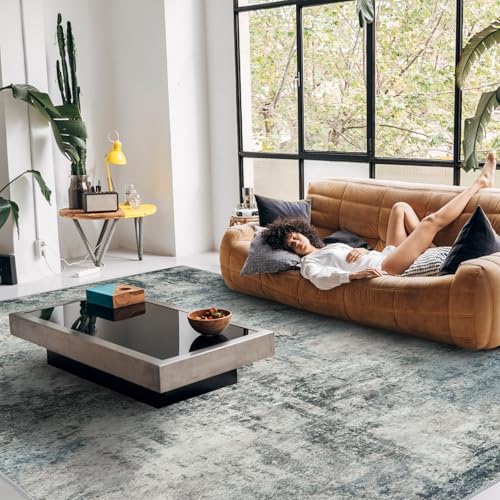 RUUGME Abstract 9x12 Washable Rug - Area Rugs for Living Room Waterproof Large Indoor Ultra Thin mat for Bedroom Stain Resistant Non-Slip Backing Distressed Soft Room Farmhouse Floor Carpet 9X12 Blue