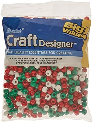 Darice Pony Opaque Xmas Beads (720/ Pack), 6mm by 9mm, Red/White/Green