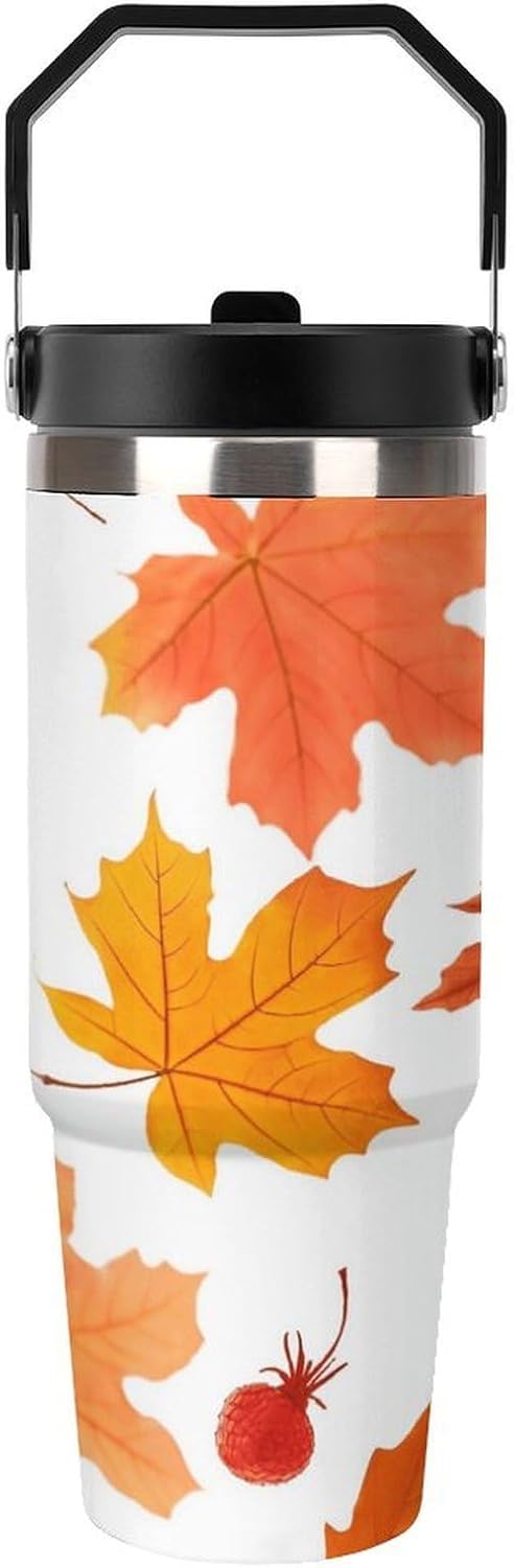 Autumn Maple Leaves Water Bottle 30 Oz Fits Car Cup Holder,Insulated Coffee Mug Large Capacity Car Cups,Stainless Steel Double Wall Sport Bottle for Travel Sports Gym