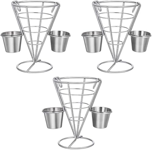 DOITOOL Cono de soporte de metal para papas fritas, 3 cestas de alambre para servir papas fritas con 2 salsas para aperitivos y exhibición de pollo