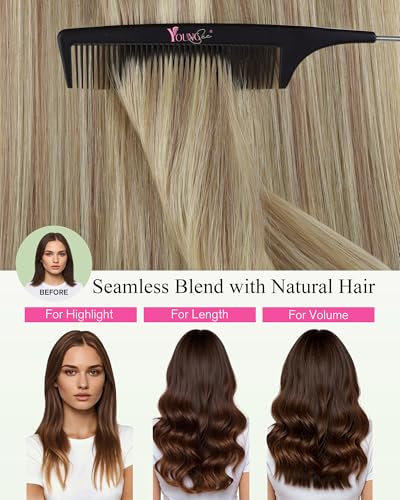 Image of YoungSee Human Hair Tape in Extensions 24 Inch, Tape in Extensions Golden Blonde Highlight Light Blonde, Long Length, Straight Texture, Tape Hair Extension, 20pcs 50g, for Wedding