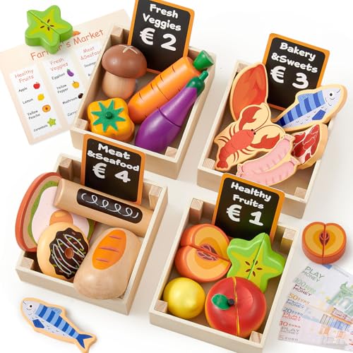Atoylink Juguetes de Cocina de Madera para Niños, Juguetes de Cocina con Frutas y Verduras Juguete Comida Madera Juguete, Juego de Roles Regalo Navidad para Niña Niñas 2 3 Años