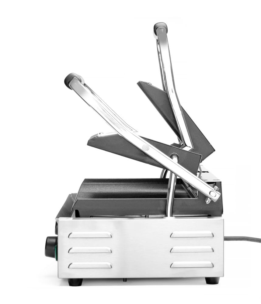 HENDI Piastra Elettrica a Contatto Doppia, Grill/Griglia Panini Professionale, Piastre Rigata in Ghisa Smaltata, 230V, 3600W, 570x375x(H)216mm, Acciaio Inox