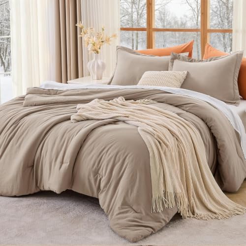 Image of MUXHOMO Oversized King Comforter Set, Lightweight Down Alternative Bed Set | All Season 3 Piece Bedding Set,Ultra Soft Down Alternative,Includes 1 Comforter 120x98 and 2 Pillow Shams 20x36,Dark Linen
