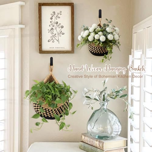 Image of Honeydak 3 Hanging Baskets, Linen with Black, Teardrop, Cotton Rope