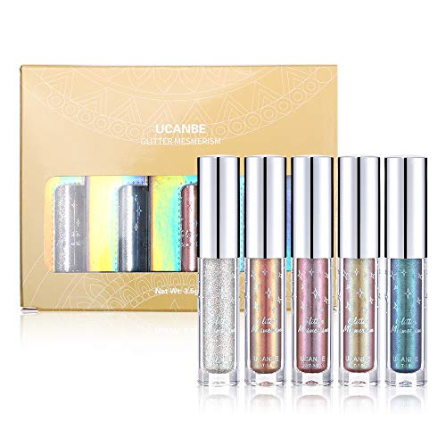 UCANBE Shimmer Eyeshadow Set Metallic Liquid Glitter Eye Shadow Pigment Face Lips Party Festival Eye Glow Makeup Waterproof Sparking Eyeliner Set (Liquid Eyeshadow Set)