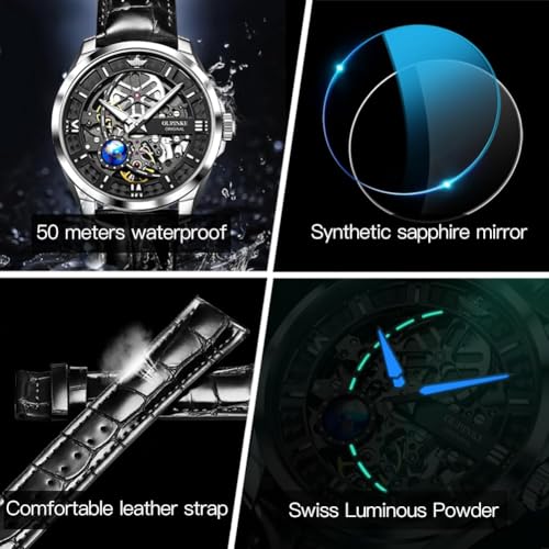 Image of OUPINKE Skeleton Mens Automatic Watches Mechanical Luxury Dress Leather Self Winding Waterproof 50M /5ATM Luminous Watches for Men