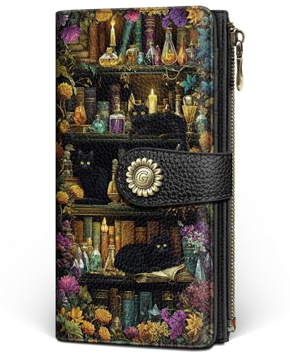 GIANCOMICS Black Cat Book Shelf Womens Wallet RFID Blocking Witchy Credit Card Holder Bifold PU Leather Travel Billfold Long Cute Cash Purse Zipper Coin Pocket Clutch Card Slot Ladies Gift Woman