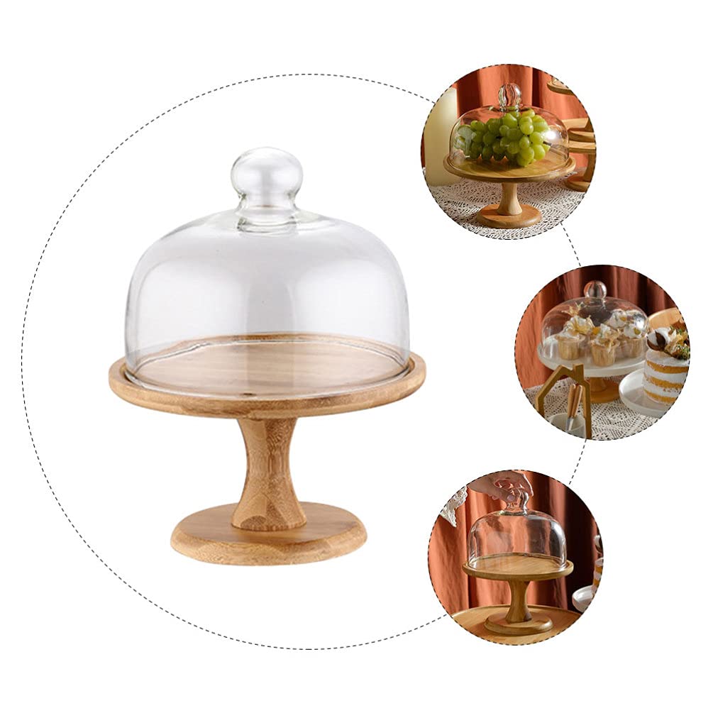 Gâteau Stand avec en Bois Pieds Assiette À Gâteau Serveur avec Cloche De Verre Vitrine Cupcake Dessert Plateau Plateau pour Le Fromage Pâtisseries 255Mm
