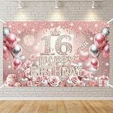 Sweet 16 Birthday Backdrop Decoration - 71x43 Inch Rose Gold Sweet Sixteen Party Decorations Happy 16th Birthday Yard Sign Photo Props 16 Years Old Girl Birthday Background with Balloons Crown Pattern