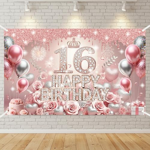 Sweet 16 Birthday Backdrop Decoration - 71x43 Inch Rose Gold Sweet Sixteen Party Decorations Happy 16th Birthday Yard Sign Photo Props 16 Years Old Girl Birthday Background with Balloons Crown Pattern