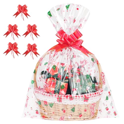 5 Stück Extra Groß Geschenkfolie Transparent Cellophantüten, 60x76cm Weihnachten Zellophantüten mit 5 Zugschleifen Geschenke, Geschenktüten Durchsichtig für Blumen, Geschenkkörbe