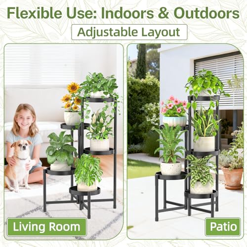 iDavosic.ly 5 Etagen Metall Pflanzenständer Blumentopfständer, Mehrstöckig Pflanzenregal Blumenregal Pflanzentreppen für Zimmerecke, Wohnzimmer, Balkon, Terrasse, Hof (Rund, Schwarz)
