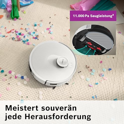 Bosch Spotless + BCRD1W Saugroboter mit Wischfunktion, 11.000 Pa Saugkraft, Wischpad, Trocken-Servicestation, Smart Vision Navigation mit Infrarot-Licht, Steuerung per App, weiß