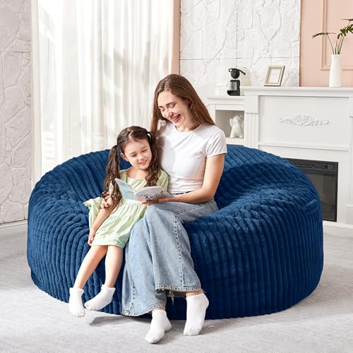 Image of HABUTWAY 3FT Bean Bag Chair, 3' Large Bean Bag Chairs for Adults with Stripe Plush Cover, Memory Foam Beanbag Chair for Living Room Bedroom Dorm,Blue