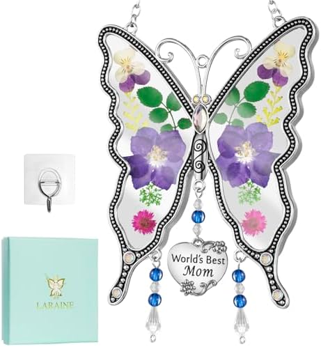 LARAINE Butterfly Suncatcher with Pressed Colourful Flower Wings Mom Mother's Day Butterfly Glass Wind Chime Ornament Charm with Metal Heart Gifts for Mom Grandma Aunt Birthday (Purple, Mom)
