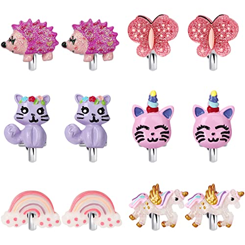 6Pairs Unicorn Cat Clip On Earrings For Little Girls, Girls Butterfly Clip On Earrings Rainbow Earrings Toddler Girls Dress Up Jewelry #TOP4