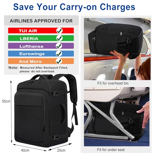 ENZOSUM Handgepäck 55x40x20 Handgepäck Rucksack 55x40x20 für Flugzeug 44L Groß Reiserucksack 17-Zoll-Laptop Rucksack für Herren Damen,Schwarz